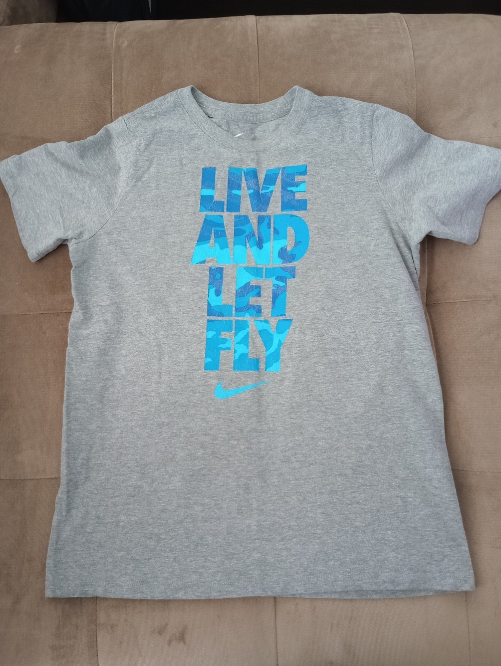 Kids Size - Gray Nike Shirt W/Blue Camo Graphic